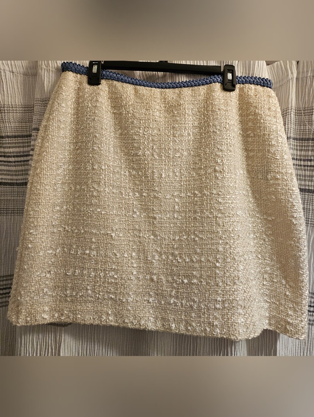 BCBG Cream Bouclé Pencil Skirt with Blue Braided Waist